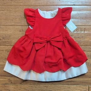 Hucklebones Scalloped Bodice Red Baby Dress with Bow